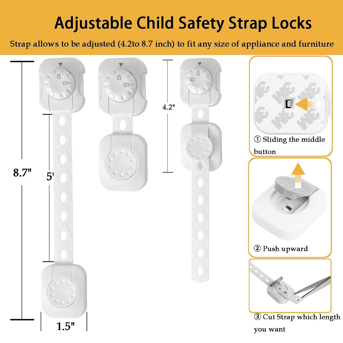 Child Safety Cabinet Proofing, Baby Cabinet Locks Adhesive Adjustable Child Safety Strap Locks Drawer Fridge Ovens Toilet Latches No Screws for Furniture Kitchen