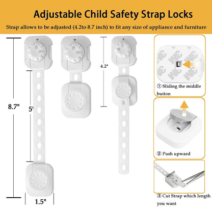 Child Safety Cabinet Proofing, Baby Cabinet Locks Adhesive Adjustable Child Safety Strap Locks Drawer Fridge Ovens Toilet Latches No Screws for Furniture Kitchen