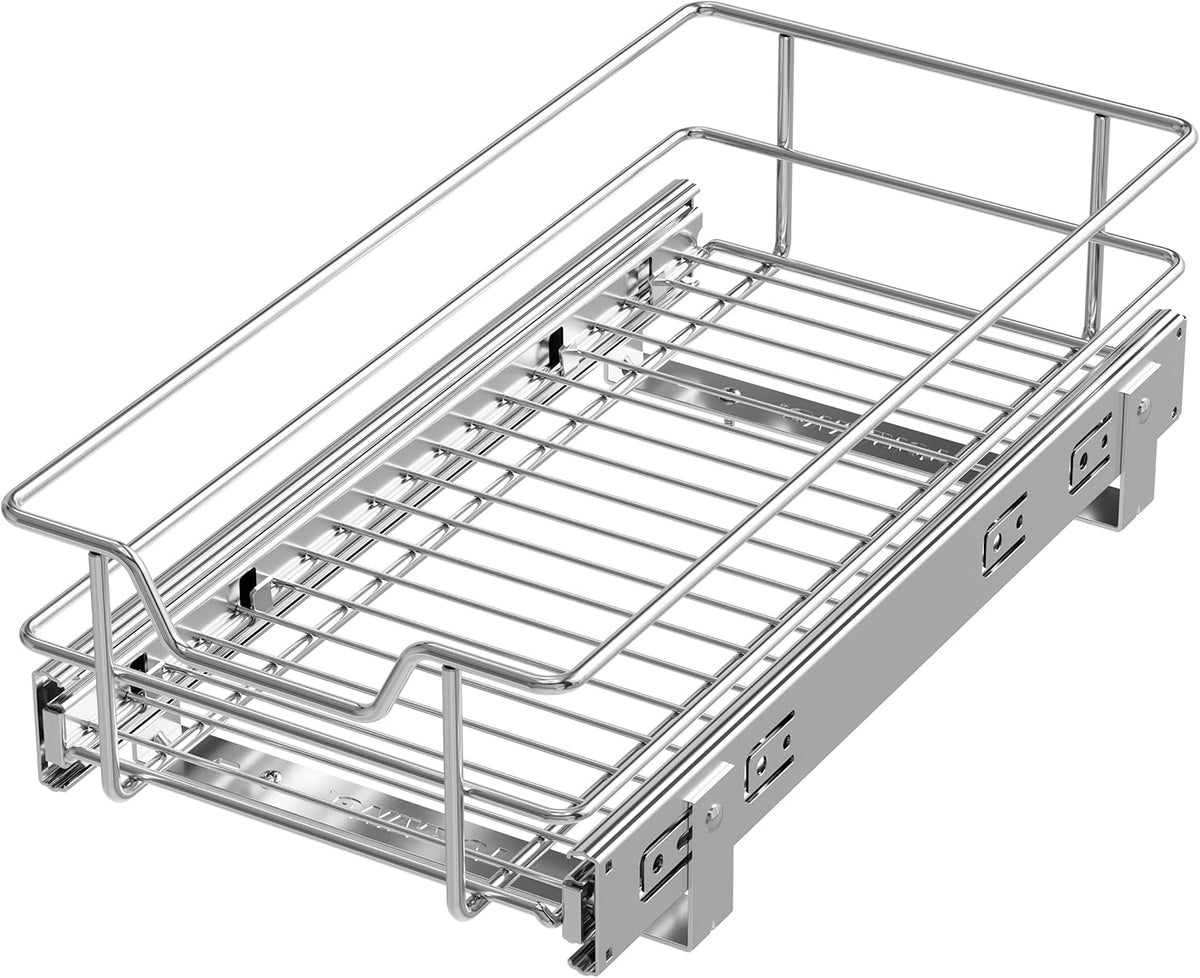 2 Tier Pull Out Cabinet Organizer 15" W X 22" D, Chromed, Full Slide Out | For Kitchen Organizers and Storage, Pull Out Drawers For Cabinets Capacity Heavy Duty Caddy, Cabinet Shelves, Bathroom Pantry