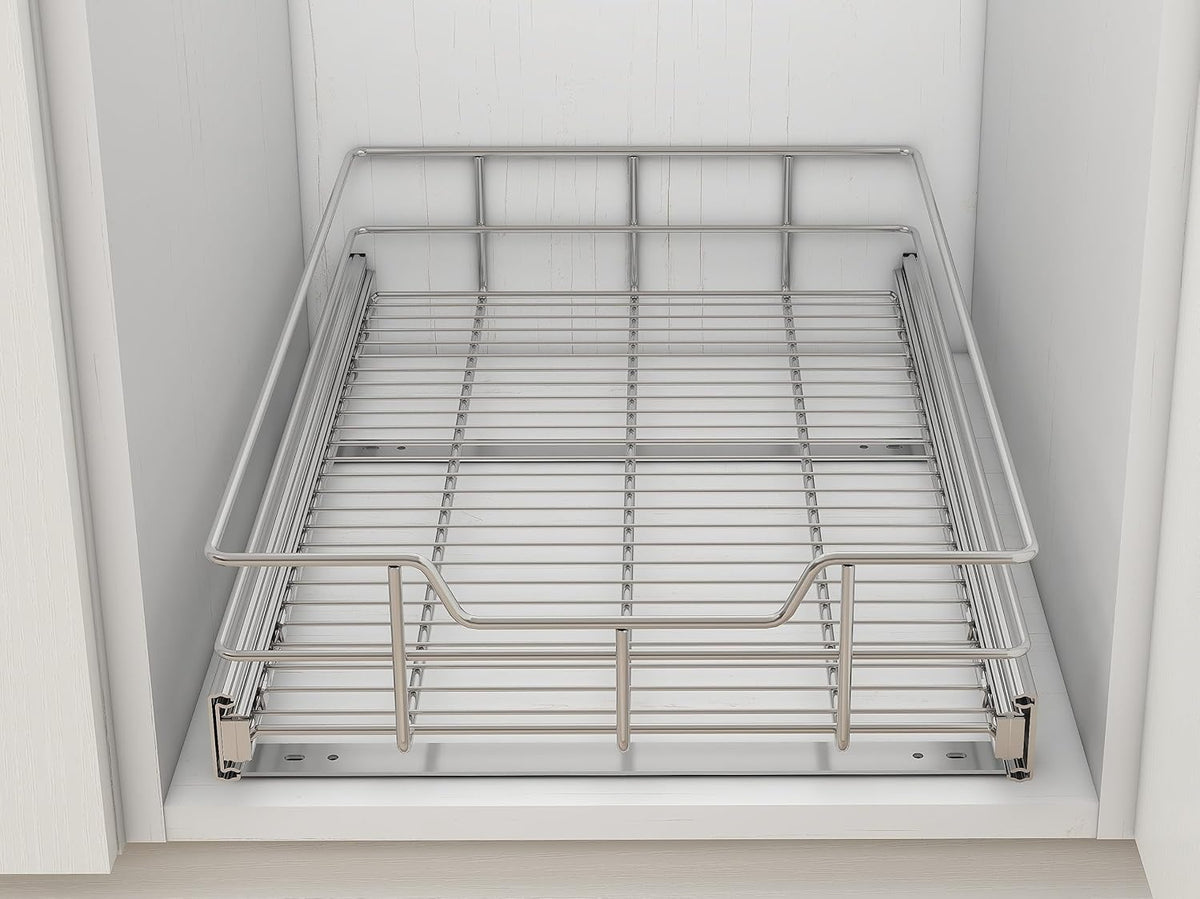 2 Tier Pull Out Cabinet Organizer 15" W X 22" D, Chromed, Full Slide Out | For Kitchen Organizers and Storage, Pull Out Drawers For Cabinets Capacity Heavy Duty Caddy, Cabinet Shelves, Bathroom Pantry