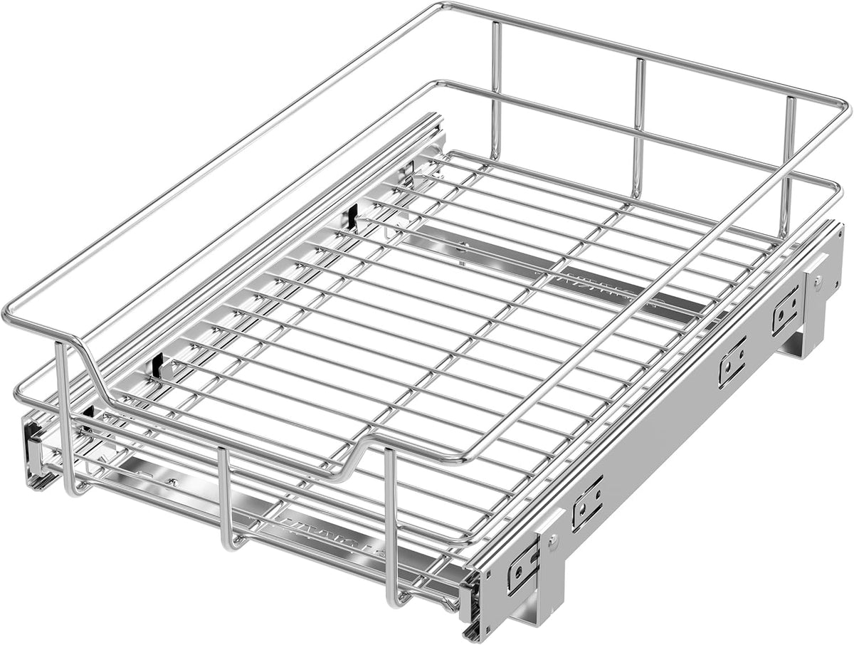 2 Tier Pull Out Cabinet Organizer 15" W X 22" D, Chromed, Full Slide Out | For Kitchen Organizers and Storage, Pull Out Drawers For Cabinets Capacity Heavy Duty Caddy, Cabinet Shelves, Bathroom Pantry