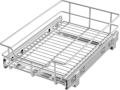 2 Tier Pull Out Cabinet Organizer 15" W X 22" D, Chromed, Full Slide Out | For Kitchen Organizers and Storage, Pull Out Drawers For Cabinets Capacity Heavy Duty Caddy, Cabinet Shelves, Bathroom Pantry