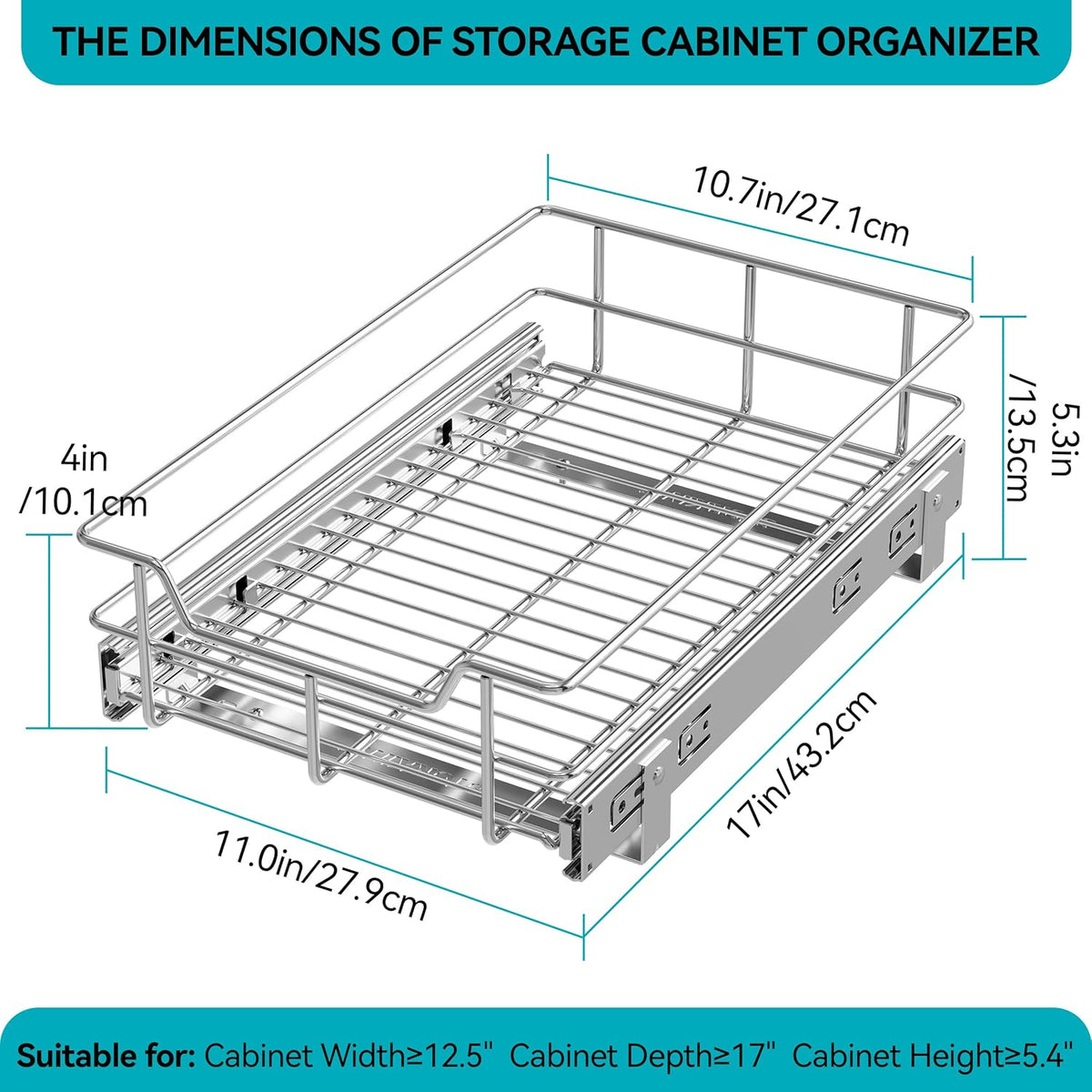 2 Tier Pull Out Cabinet Organizer 15" W X 22" D, Chromed, Full Slide Out | For Kitchen Organizers and Storage, Pull Out Drawers For Cabinets Capacity Heavy Duty Caddy, Cabinet Shelves, Bathroom Pantry