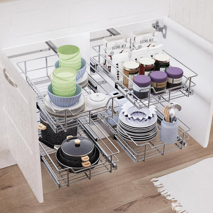 2 Tier Pull Out Cabinet Organizer 15" W X 22" D, Chromed, Full Slide Out | For Kitchen Organizers and Storage, Pull Out Drawers For Cabinets Capacity Heavy Duty Caddy, Cabinet Shelves, Bathroom Pantry