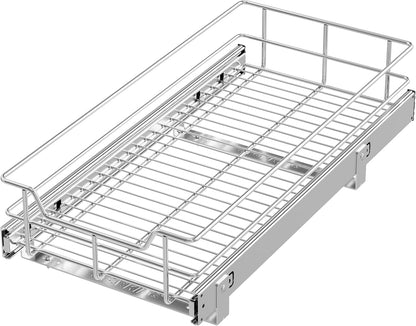 2 Tier Pull Out Cabinet Organizer 15" W X 22" D, Chromed, Full Slide Out | For Kitchen Organizers and Storage, Pull Out Drawers For Cabinets Capacity Heavy Duty Caddy, Cabinet Shelves, Bathroom Pantry