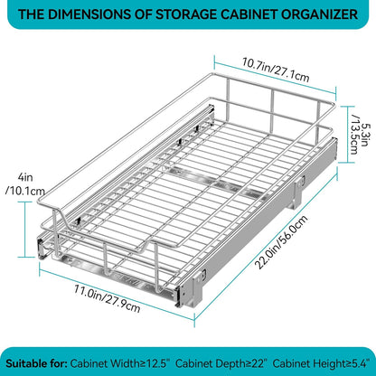 2 Tier Pull Out Cabinet Organizer 15" W X 22" D, Chromed, Full Slide Out | For Kitchen Organizers and Storage, Pull Out Drawers For Cabinets Capacity Heavy Duty Caddy, Cabinet Shelves, Bathroom Pantry