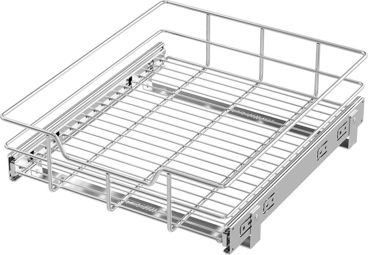 2 Tier Pull Out Cabinet Organizer 15" W X 22" D, Chromed, Full Slide Out | For Kitchen Organizers and Storage, Pull Out Drawers For Cabinets Capacity Heavy Duty Caddy, Cabinet Shelves, Bathroom Pantry