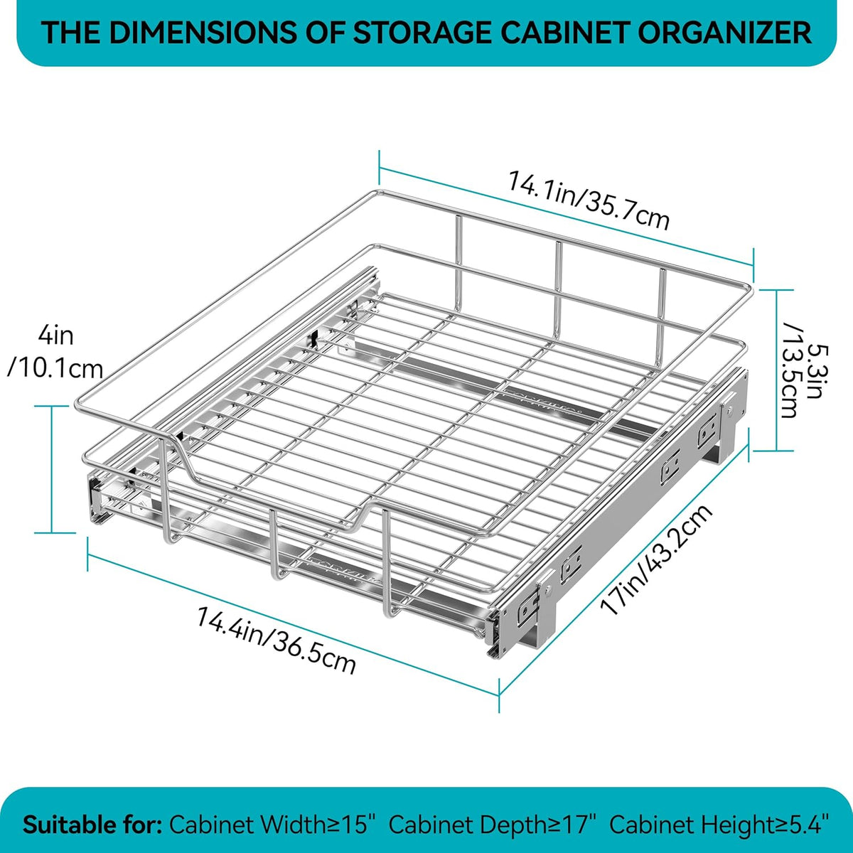 2 Tier Pull Out Cabinet Organizer 15" W X 22" D, Chromed, Full Slide Out | For Kitchen Organizers and Storage, Pull Out Drawers For Cabinets Capacity Heavy Duty Caddy, Cabinet Shelves, Bathroom Pantry