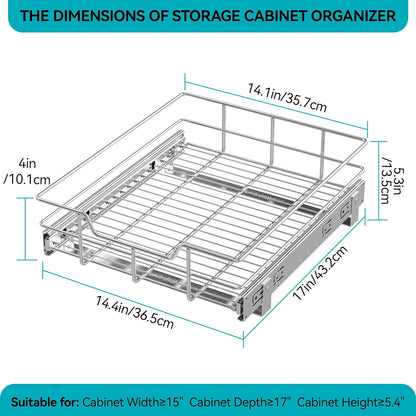 2 Tier Pull Out Cabinet Organizer 15" W X 22" D, Chromed, Full Slide Out | For Kitchen Organizers and Storage, Pull Out Drawers For Cabinets Capacity Heavy Duty Caddy, Cabinet Shelves, Bathroom Pantry