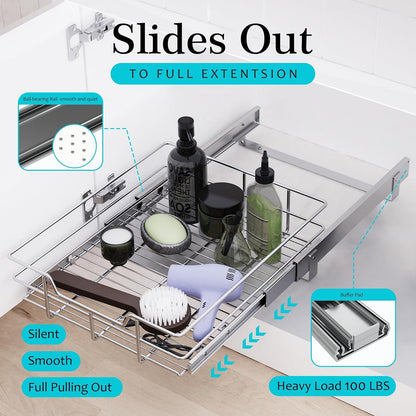 2 Tier Pull Out Cabinet Organizer 15" W X 22" D, Chromed, Full Slide Out | For Kitchen Organizers and Storage, Pull Out Drawers For Cabinets Capacity Heavy Duty Caddy, Cabinet Shelves, Bathroom Pantry