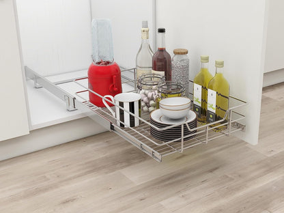 2 Tier Pull Out Cabinet Organizer 15" W X 22" D, Chromed, Full Slide Out | For Kitchen Organizers and Storage, Pull Out Drawers For Cabinets Capacity Heavy Duty Caddy, Cabinet Shelves, Bathroom Pantry