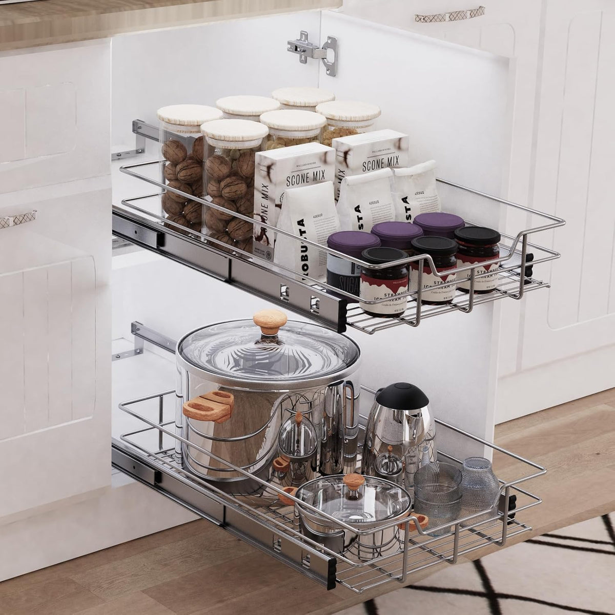 2 Tier Pull Out Cabinet Organizer 15" W X 22" D, Chromed, Full Slide Out | For Kitchen Organizers and Storage, Pull Out Drawers For Cabinets Capacity Heavy Duty Caddy, Cabinet Shelves, Bathroom Pantry
