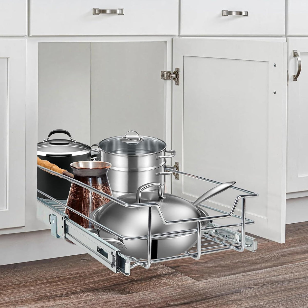 2 Tier Pull Out Cabinet Organizer 15" W X 22" D, Chromed, Full Slide Out | For Kitchen Organizers and Storage, Pull Out Drawers For Cabinets Capacity Heavy Duty Caddy, Cabinet Shelves, Bathroom Pantry