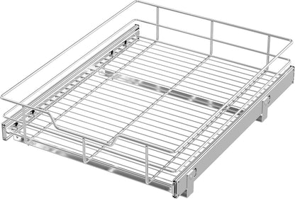 2 Tier Pull Out Cabinet Organizer 15" W X 22" D, Chromed, Full Slide Out | For Kitchen Organizers and Storage, Pull Out Drawers For Cabinets Capacity Heavy Duty Caddy, Cabinet Shelves, Bathroom Pantry