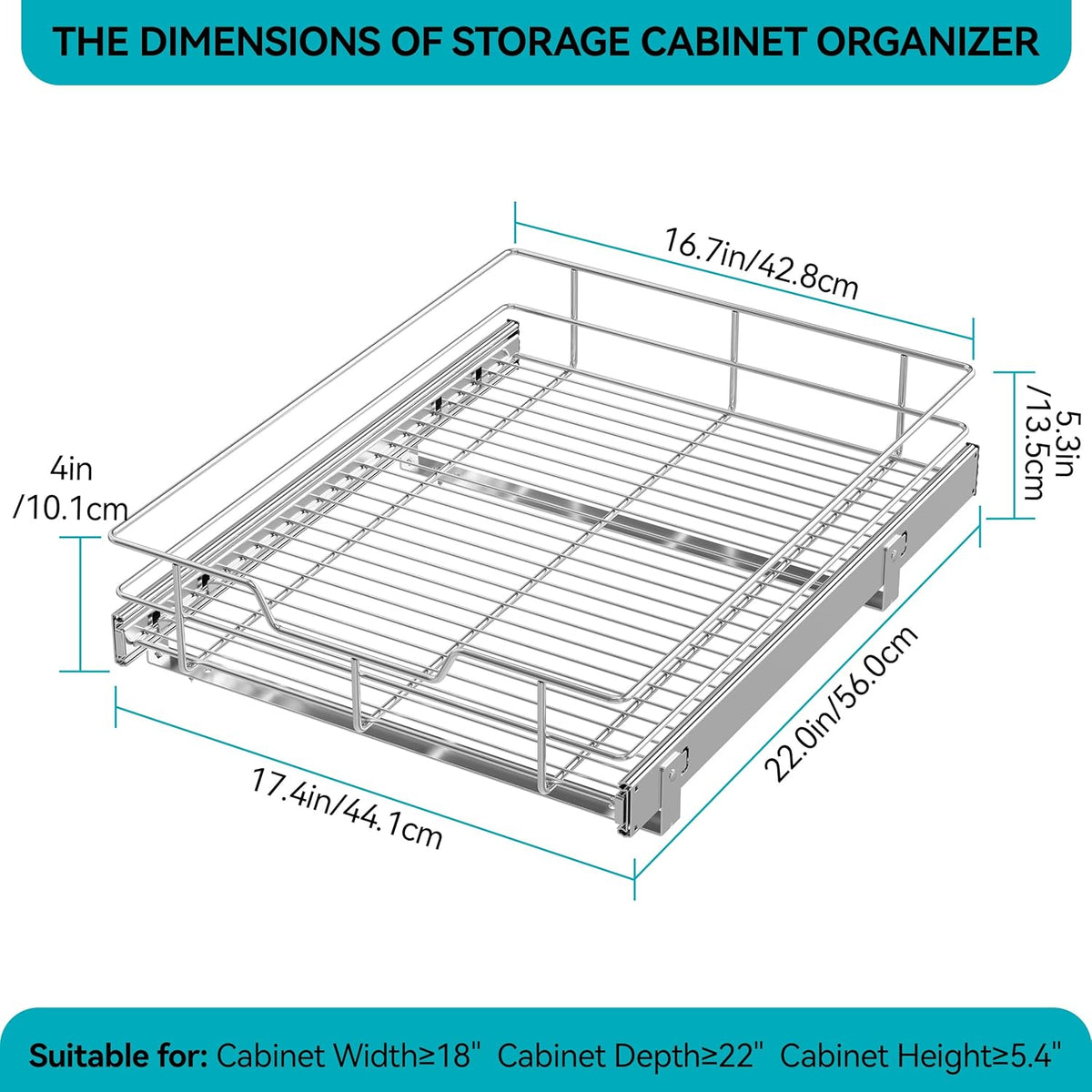 2 Tier Pull Out Cabinet Organizer 15" W X 22" D, Chromed, Full Slide Out | For Kitchen Organizers and Storage, Pull Out Drawers For Cabinets Capacity Heavy Duty Caddy, Cabinet Shelves, Bathroom Pantry