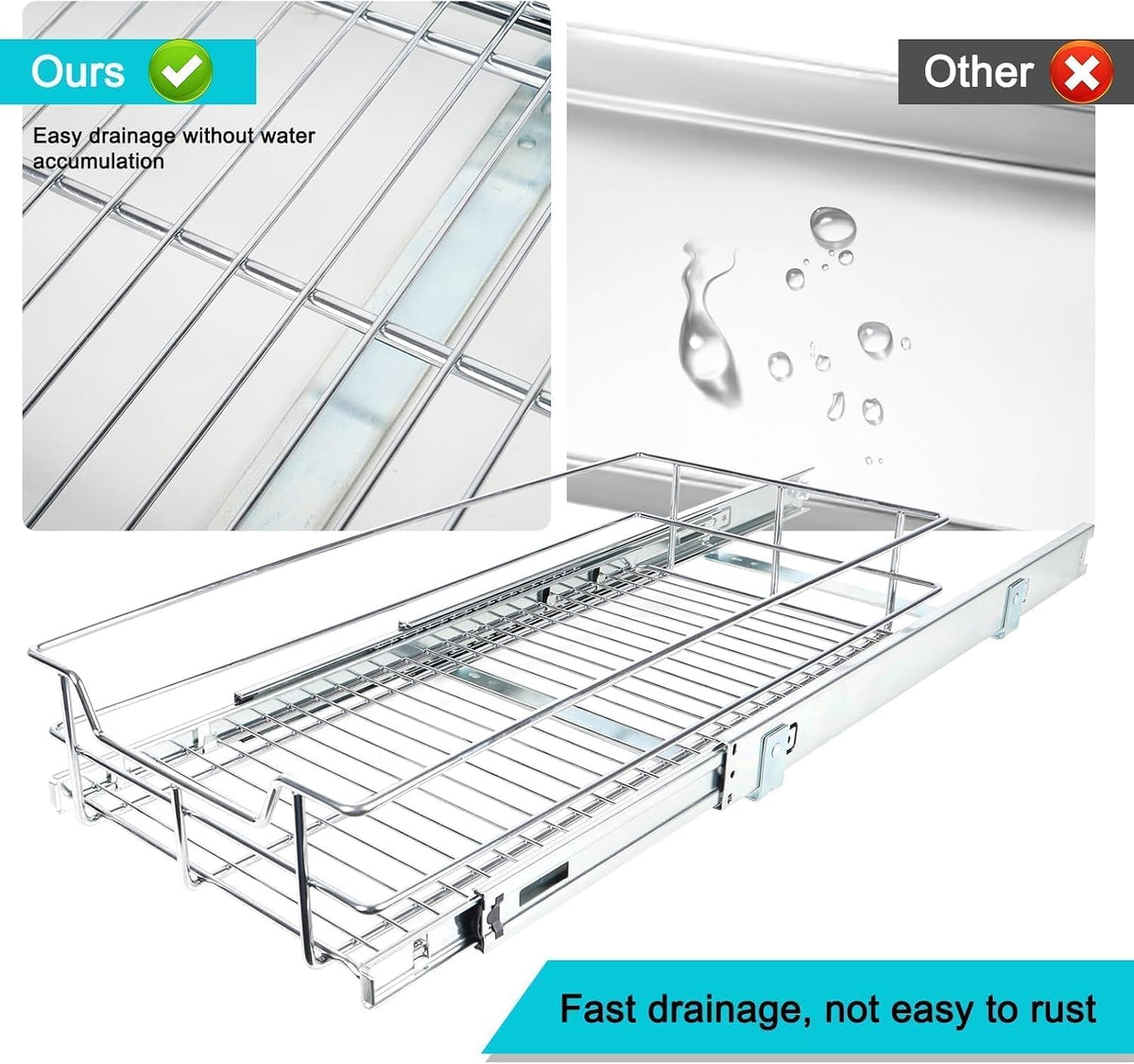 2 Tier Pull Out Cabinet Organizer 15" W X 22" D, Chromed, Full Slide Out | For Kitchen Organizers and Storage, Pull Out Drawers For Cabinets Capacity Heavy Duty Caddy, Cabinet Shelves, Bathroom Pantry