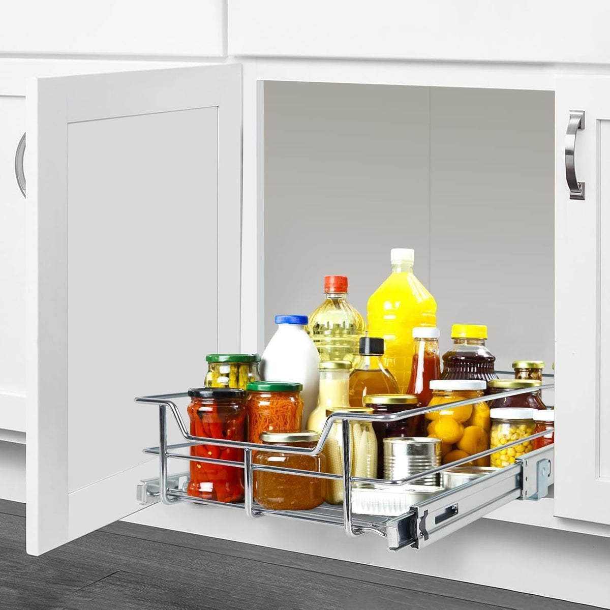 2 Tier Pull Out Cabinet Organizer 15" W X 22" D, Chromed, Full Slide Out | For Kitchen Organizers and Storage, Pull Out Drawers For Cabinets Capacity Heavy Duty Caddy, Cabinet Shelves, Bathroom Pantry