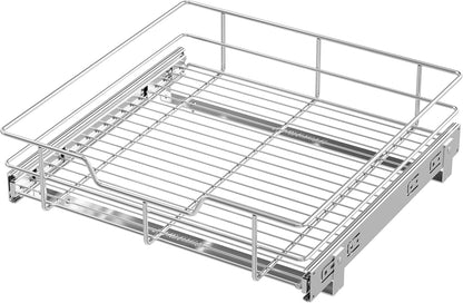 2 Tier Pull Out Cabinet Organizer 15" W X 22" D, Chromed, Full Slide Out | For Kitchen Organizers and Storage, Pull Out Drawers For Cabinets Capacity Heavy Duty Caddy, Cabinet Shelves, Bathroom Pantry