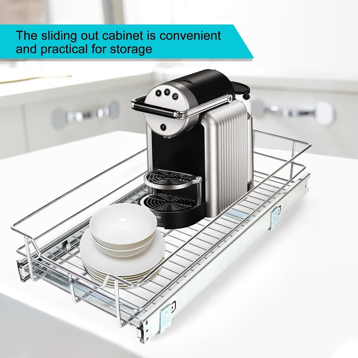 2 Tier Pull Out Cabinet Organizer 15" W X 22" D, Chromed, Full Slide Out | For Kitchen Organizers and Storage, Pull Out Drawers For Cabinets Capacity Heavy Duty Caddy, Cabinet Shelves, Bathroom Pantry