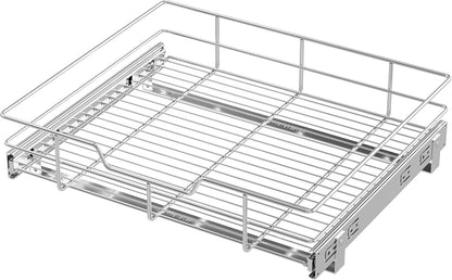 2 Tier Pull Out Cabinet Organizer 15" W X 22" D, Chromed, Full Slide Out | For Kitchen Organizers and Storage, Pull Out Drawers For Cabinets Capacity Heavy Duty Caddy, Cabinet Shelves, Bathroom Pantry