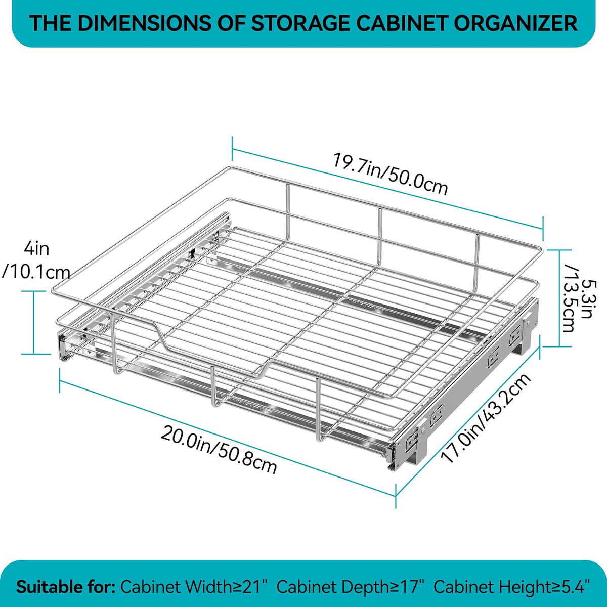 2 Tier Pull Out Cabinet Organizer 15" W X 22" D, Chromed, Full Slide Out | For Kitchen Organizers and Storage, Pull Out Drawers For Cabinets Capacity Heavy Duty Caddy, Cabinet Shelves, Bathroom Pantry