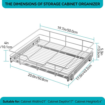 2 Tier Pull Out Cabinet Organizer 15" W X 22" D, Chromed, Full Slide Out | For Kitchen Organizers and Storage, Pull Out Drawers For Cabinets Capacity Heavy Duty Caddy, Cabinet Shelves, Bathroom Pantry