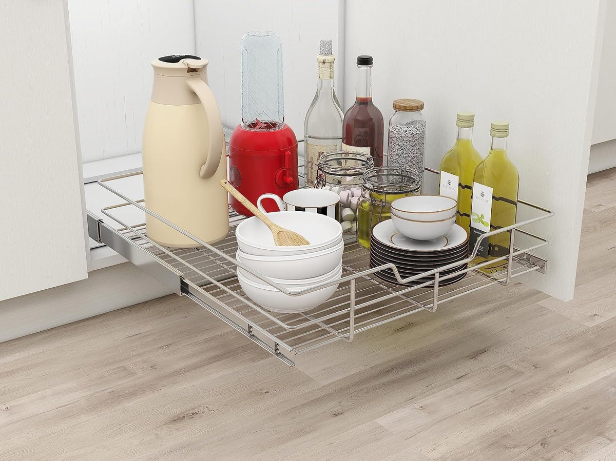 2 Tier Pull Out Cabinet Organizer 15" W X 22" D, Chromed, Full Slide Out | For Kitchen Organizers and Storage, Pull Out Drawers For Cabinets Capacity Heavy Duty Caddy, Cabinet Shelves, Bathroom Pantry