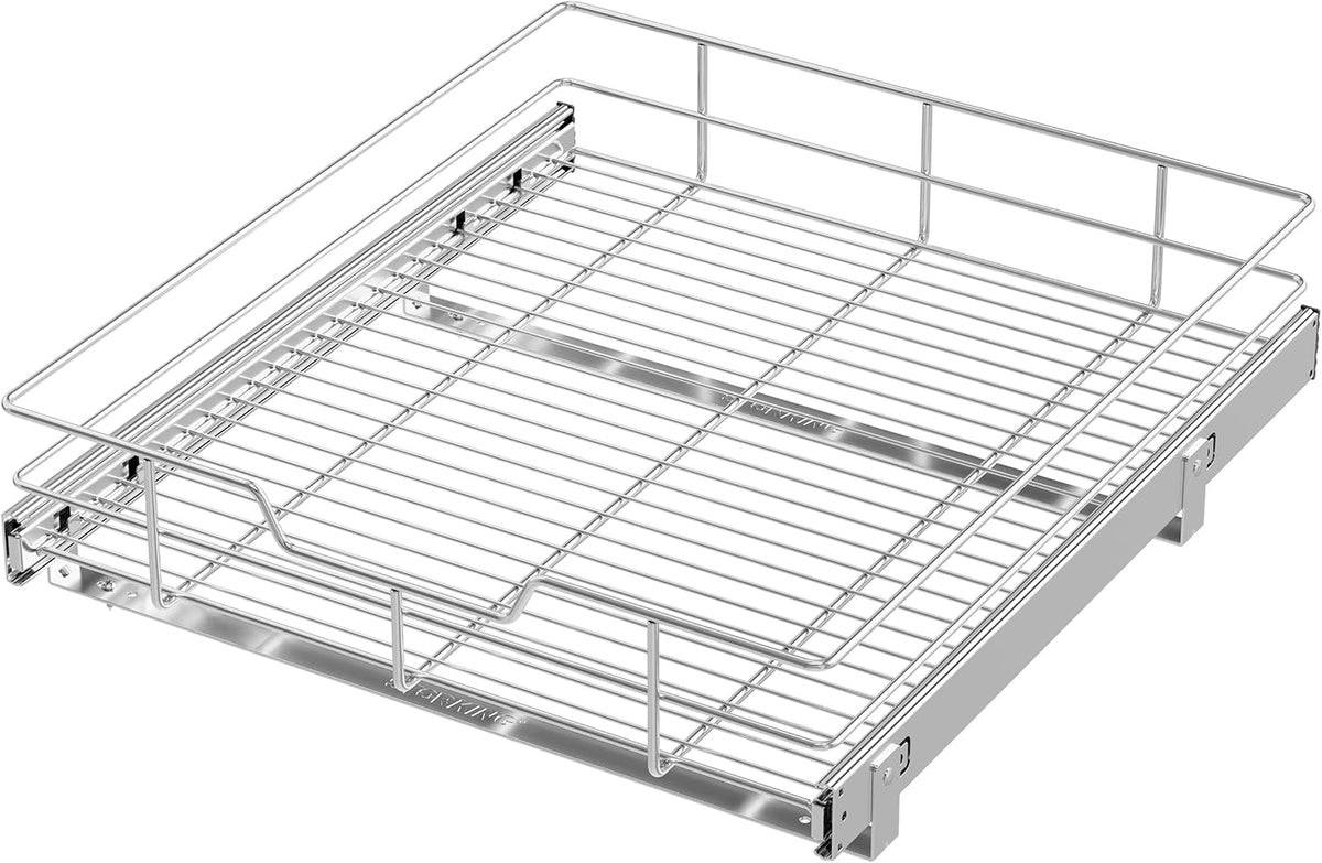 2 Tier Pull Out Cabinet Organizer 15" W X 22" D, Chromed, Full Slide Out | For Kitchen Organizers and Storage, Pull Out Drawers For Cabinets Capacity Heavy Duty Caddy, Cabinet Shelves, Bathroom Pantry
