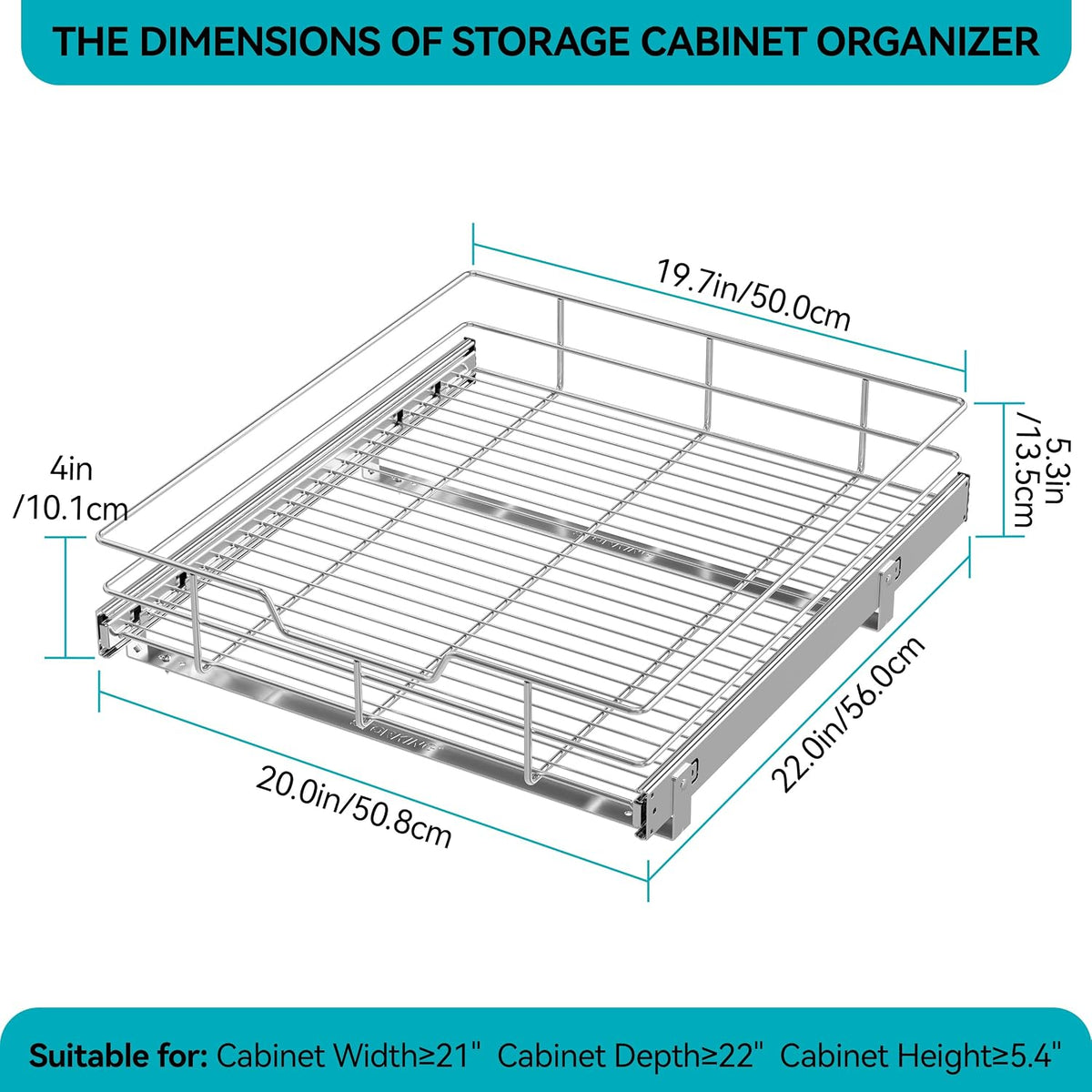 2 Tier Pull Out Cabinet Organizer 15" W X 22" D, Chromed, Full Slide Out | For Kitchen Organizers and Storage, Pull Out Drawers For Cabinets Capacity Heavy Duty Caddy, Cabinet Shelves, Bathroom Pantry