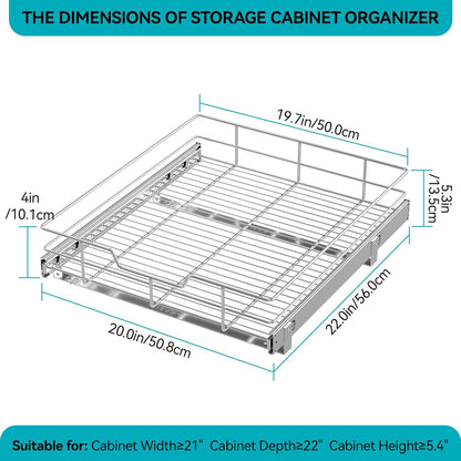 2 Tier Pull Out Cabinet Organizer 15" W X 22" D, Chromed, Full Slide Out | For Kitchen Organizers and Storage, Pull Out Drawers For Cabinets Capacity Heavy Duty Caddy, Cabinet Shelves, Bathroom Pantry