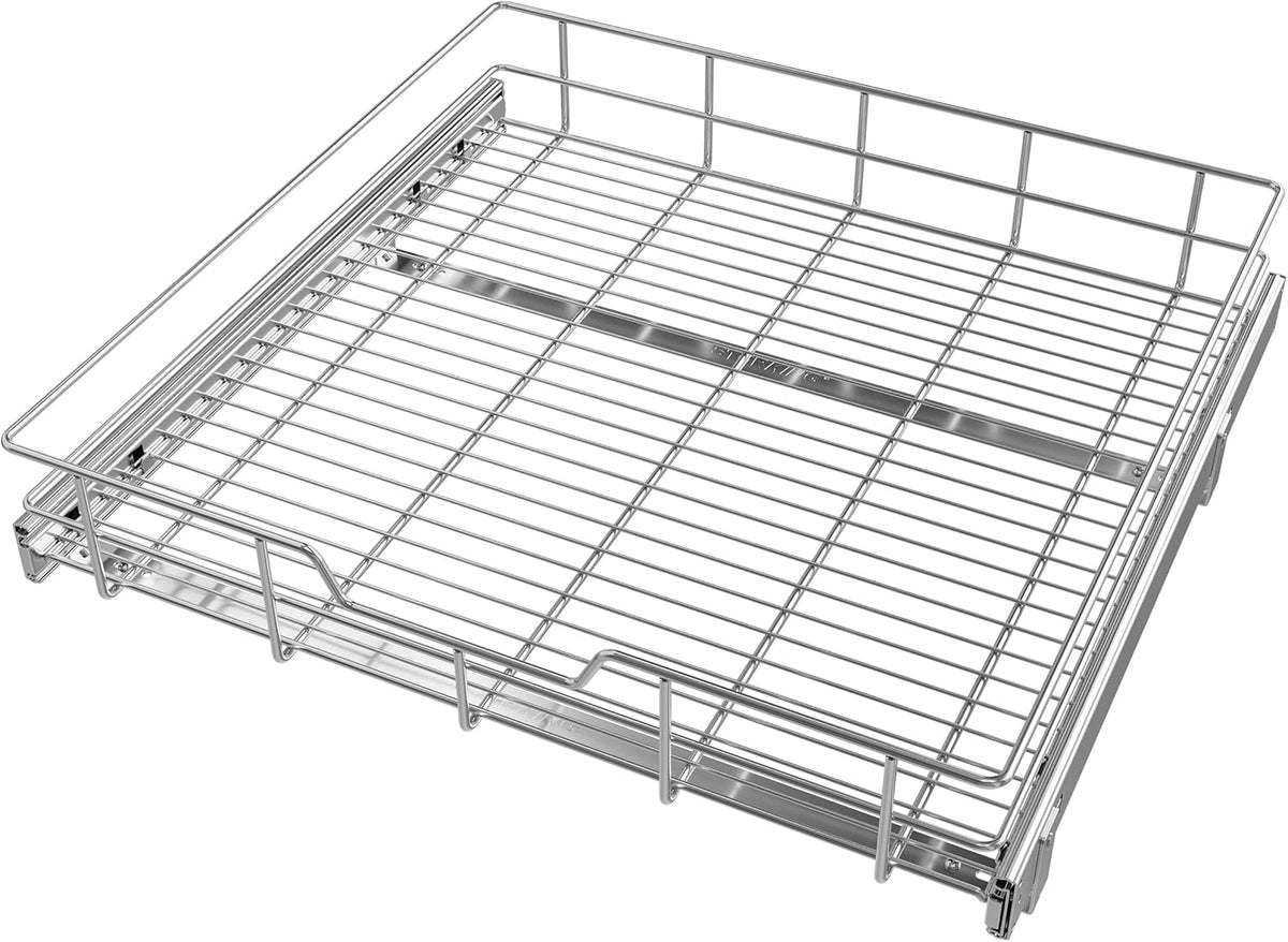 2 Tier Pull Out Cabinet Organizer 15" W X 22" D, Chromed, Full Slide Out | For Kitchen Organizers and Storage, Pull Out Drawers For Cabinets Capacity Heavy Duty Caddy, Cabinet Shelves, Bathroom Pantry