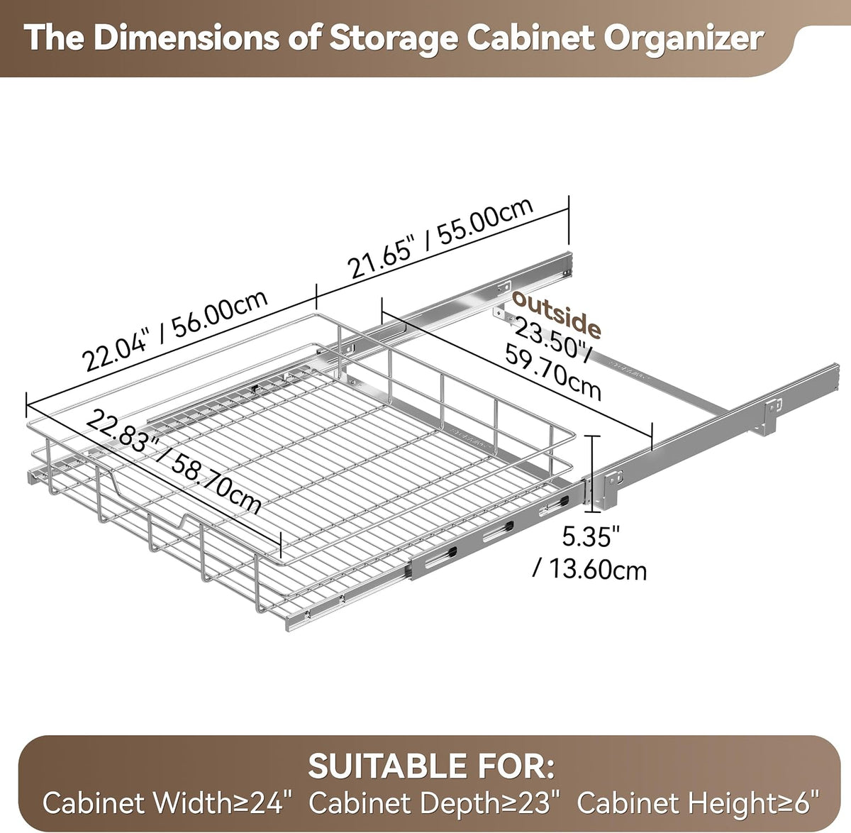 2 Tier Pull Out Cabinet Organizer 15" W X 22" D, Chromed, Full Slide Out | For Kitchen Organizers and Storage, Pull Out Drawers For Cabinets Capacity Heavy Duty Caddy, Cabinet Shelves, Bathroom Pantry