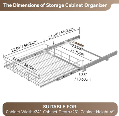 2 Tier Pull Out Cabinet Organizer 15" W X 22" D, Chromed, Full Slide Out | For Kitchen Organizers and Storage, Pull Out Drawers For Cabinets Capacity Heavy Duty Caddy, Cabinet Shelves, Bathroom Pantry