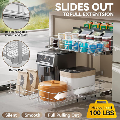 2 Tier Pull Out Cabinet Organizer 15" W X 22" D, Chromed, Full Slide Out | For Kitchen Organizers and Storage, Pull Out Drawers For Cabinets Capacity Heavy Duty Caddy, Cabinet Shelves, Bathroom Pantry
