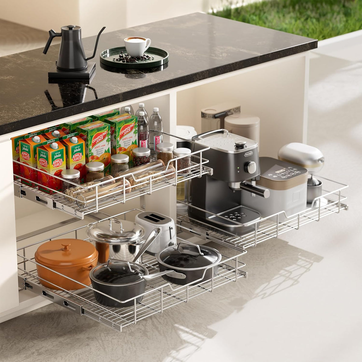 2 Tier Pull Out Cabinet Organizer 15" W X 22" D, Chromed, Full Slide Out | For Kitchen Organizers and Storage, Pull Out Drawers For Cabinets Capacity Heavy Duty Caddy, Cabinet Shelves, Bathroom Pantry