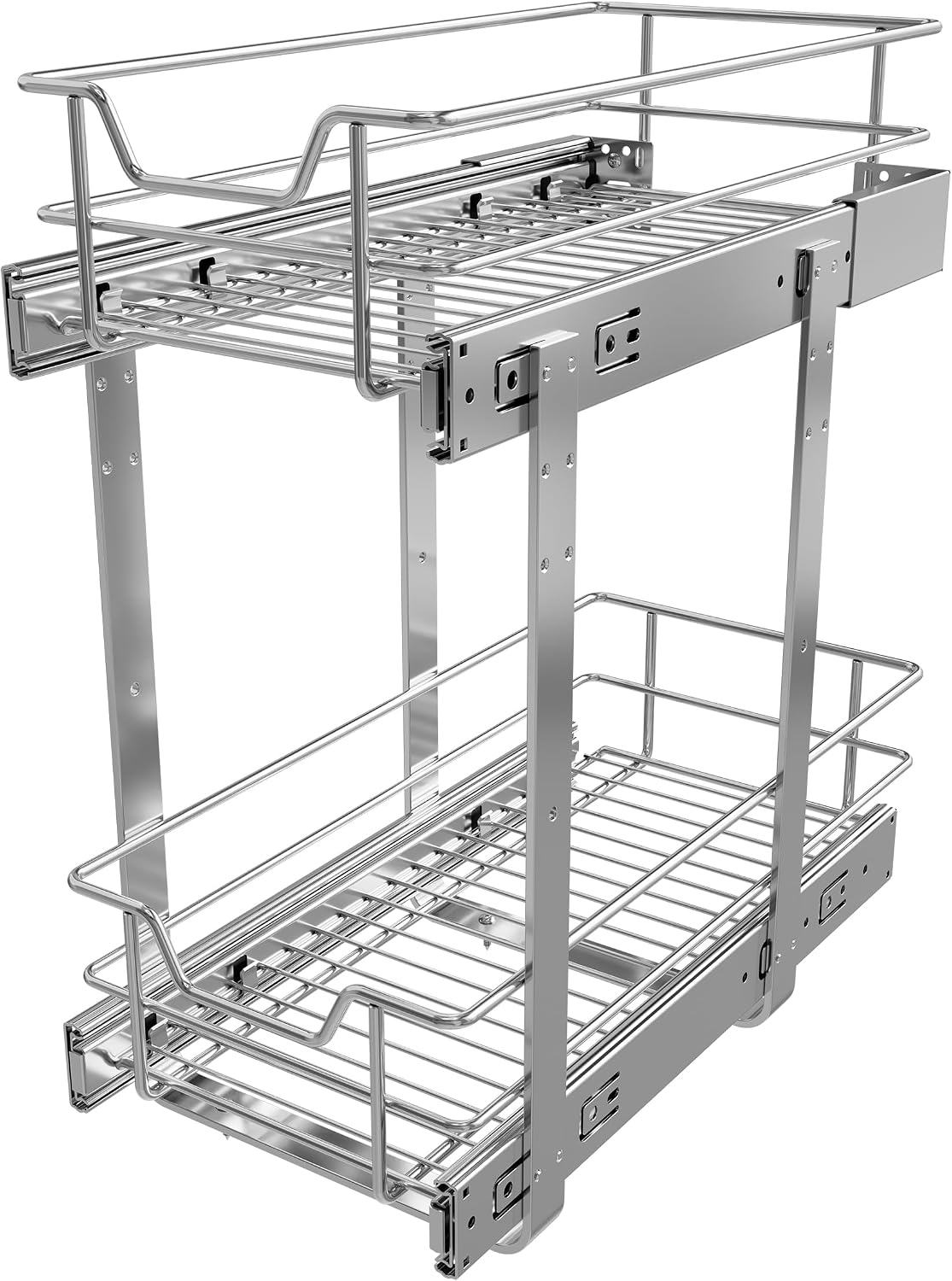 2 Tier Pull Out Cabinet Organizer 15" W X 22" D, Chromed, Full Slide Out | For Kitchen Organizers and Storage, Pull Out Drawers For Cabinets Capacity Heavy Duty Caddy, Cabinet Shelves, Bathroom Pantry