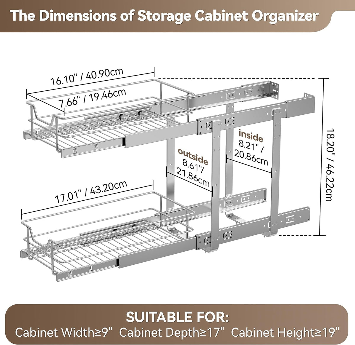 2 Tier Pull Out Cabinet Organizer 15" W X 22" D, Chromed, Full Slide Out | For Kitchen Organizers and Storage, Pull Out Drawers For Cabinets Capacity Heavy Duty Caddy, Cabinet Shelves, Bathroom Pantry