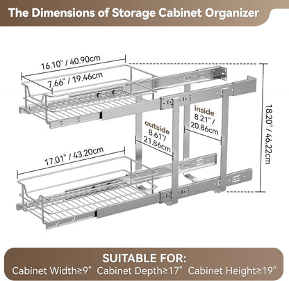 2 Tier Pull Out Cabinet Organizer 15" W X 22" D, Chromed, Full Slide Out | For Kitchen Organizers and Storage, Pull Out Drawers For Cabinets Capacity Heavy Duty Caddy, Cabinet Shelves, Bathroom Pantry