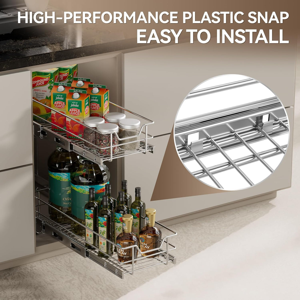 2 Tier Pull Out Cabinet Organizer 15" W X 22" D, Chromed, Full Slide Out | For Kitchen Organizers and Storage, Pull Out Drawers For Cabinets Capacity Heavy Duty Caddy, Cabinet Shelves, Bathroom Pantry