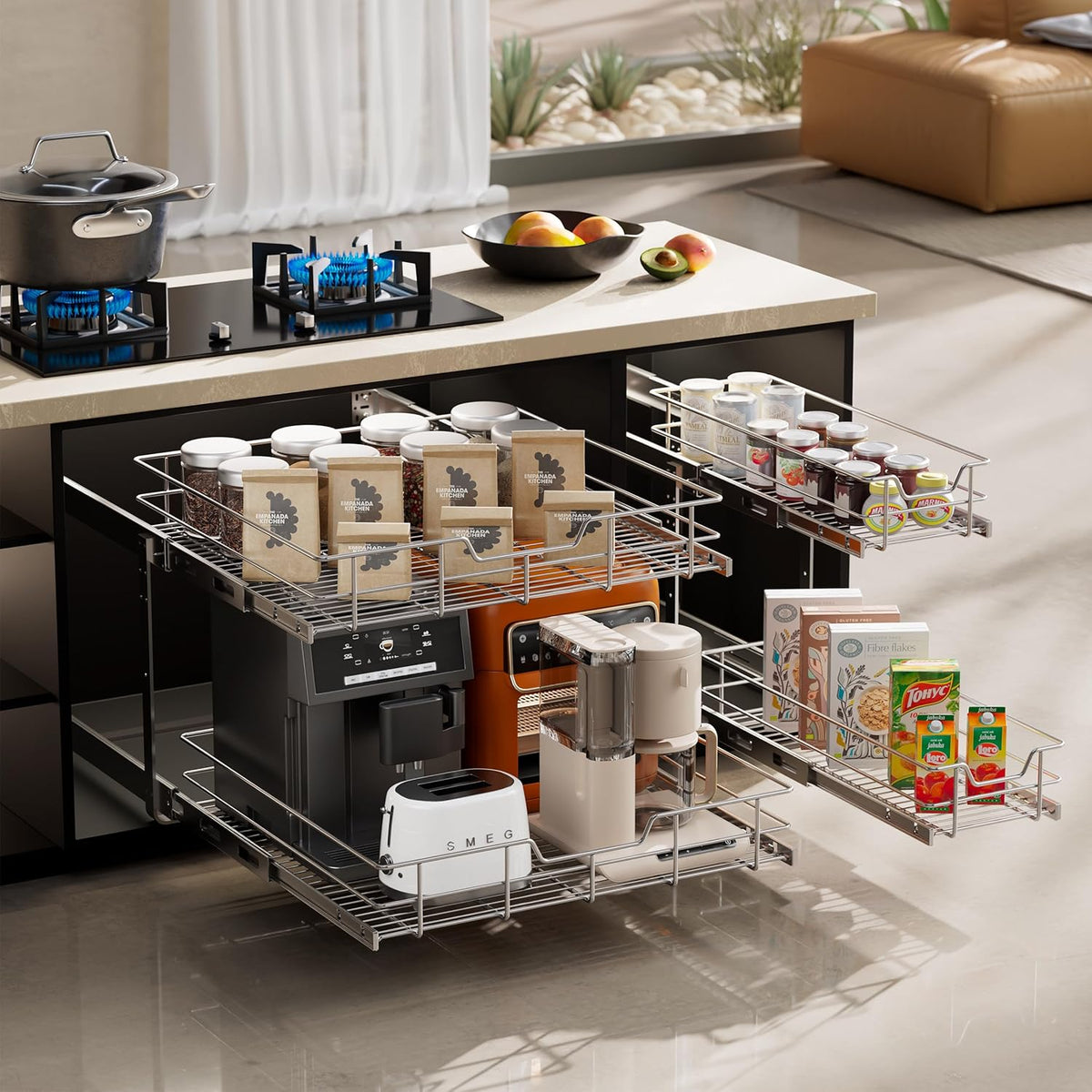 2 Tier Pull Out Cabinet Organizer 15" W X 22" D, Chromed, Full Slide Out | For Kitchen Organizers and Storage, Pull Out Drawers For Cabinets Capacity Heavy Duty Caddy, Cabinet Shelves, Bathroom Pantry