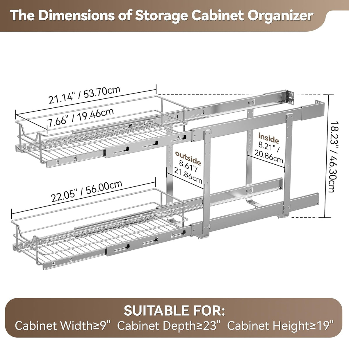 2 Tier Pull Out Cabinet Organizer 15" W X 22" D, Chromed, Full Slide Out | For Kitchen Organizers and Storage, Pull Out Drawers For Cabinets Capacity Heavy Duty Caddy, Cabinet Shelves, Bathroom Pantry