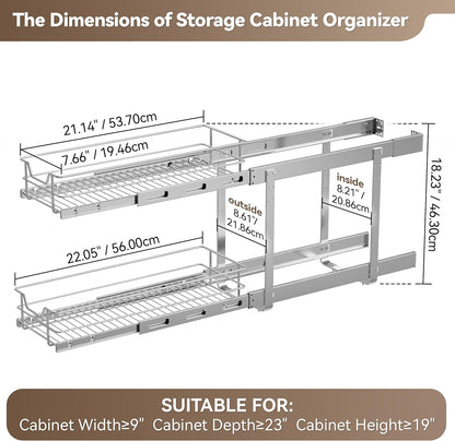 2 Tier Pull Out Cabinet Organizer 15" W X 22" D, Chromed, Full Slide Out | For Kitchen Organizers and Storage, Pull Out Drawers For Cabinets Capacity Heavy Duty Caddy, Cabinet Shelves, Bathroom Pantry
