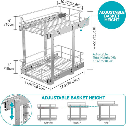 2 Tier Pull Out Cabinet Organizer 15" W X 22" D, Chromed, Full Slide Out | For Kitchen Organizers and Storage, Pull Out Drawers For Cabinets Capacity Heavy Duty Caddy, Cabinet Shelves, Bathroom Pantry