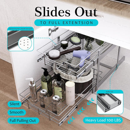 2 Tier Pull Out Cabinet Organizer 15" W X 22" D, Chromed, Full Slide Out | For Kitchen Organizers and Storage, Pull Out Drawers For Cabinets Capacity Heavy Duty Caddy, Cabinet Shelves, Bathroom Pantry