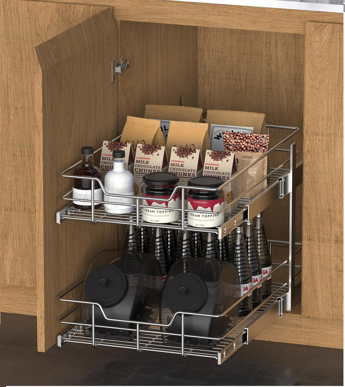 2 Tier Pull Out Cabinet Organizer 15" W X 22" D, Chromed, Full Slide Out | For Kitchen Organizers and Storage, Pull Out Drawers For Cabinets Capacity Heavy Duty Caddy, Cabinet Shelves, Bathroom Pantry