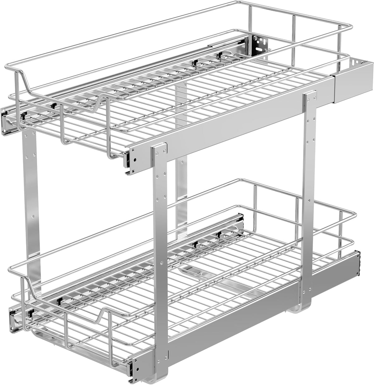 2 Tier Pull Out Cabinet Organizer 15" W X 22" D, Chromed, Full Slide Out | For Kitchen Organizers and Storage, Pull Out Drawers For Cabinets Capacity Heavy Duty Caddy, Cabinet Shelves, Bathroom Pantry