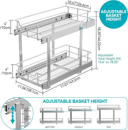 2 Tier Pull Out Cabinet Organizer 15" W X 22" D, Chromed, Full Slide Out | For Kitchen Organizers and Storage, Pull Out Drawers For Cabinets Capacity Heavy Duty Caddy, Cabinet Shelves, Bathroom Pantry