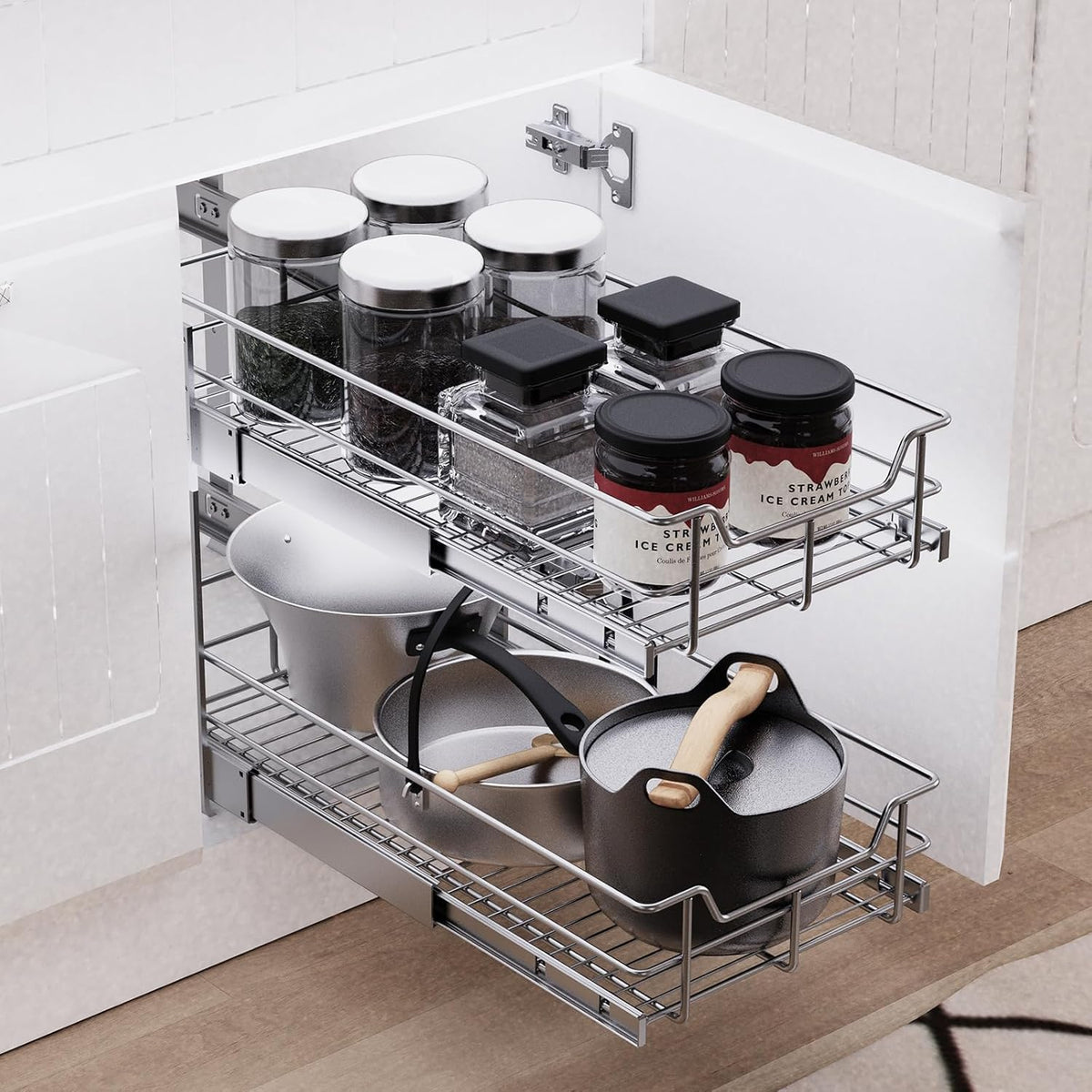 2 Tier Pull Out Cabinet Organizer 15" W X 22" D, Chromed, Full Slide Out | For Kitchen Organizers and Storage, Pull Out Drawers For Cabinets Capacity Heavy Duty Caddy, Cabinet Shelves, Bathroom Pantry