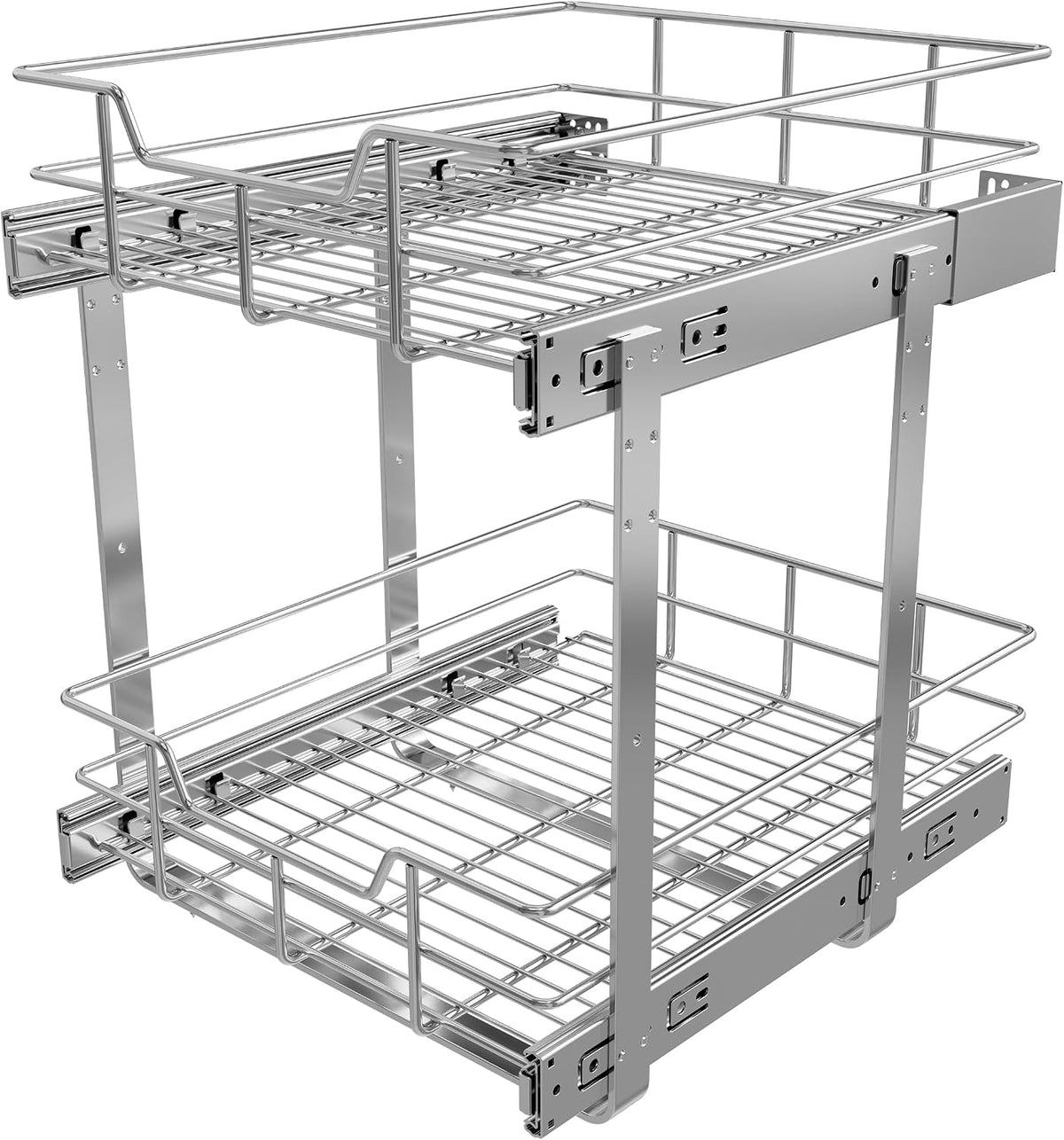 2 Tier Pull Out Cabinet Organizer 15" W X 22" D, Chromed, Full Slide Out | For Kitchen Organizers and Storage, Pull Out Drawers For Cabinets Capacity Heavy Duty Caddy, Cabinet Shelves, Bathroom Pantry