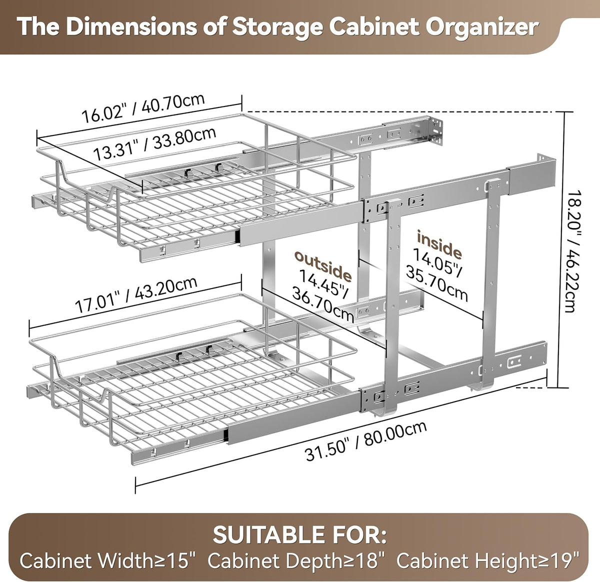2 Tier Pull Out Cabinet Organizer 15" W X 22" D, Chromed, Full Slide Out | For Kitchen Organizers and Storage, Pull Out Drawers For Cabinets Capacity Heavy Duty Caddy, Cabinet Shelves, Bathroom Pantry